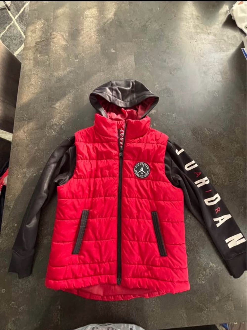 Jordan Red Quilted Puffer Vest with Black Sleeves & Hood youth small
